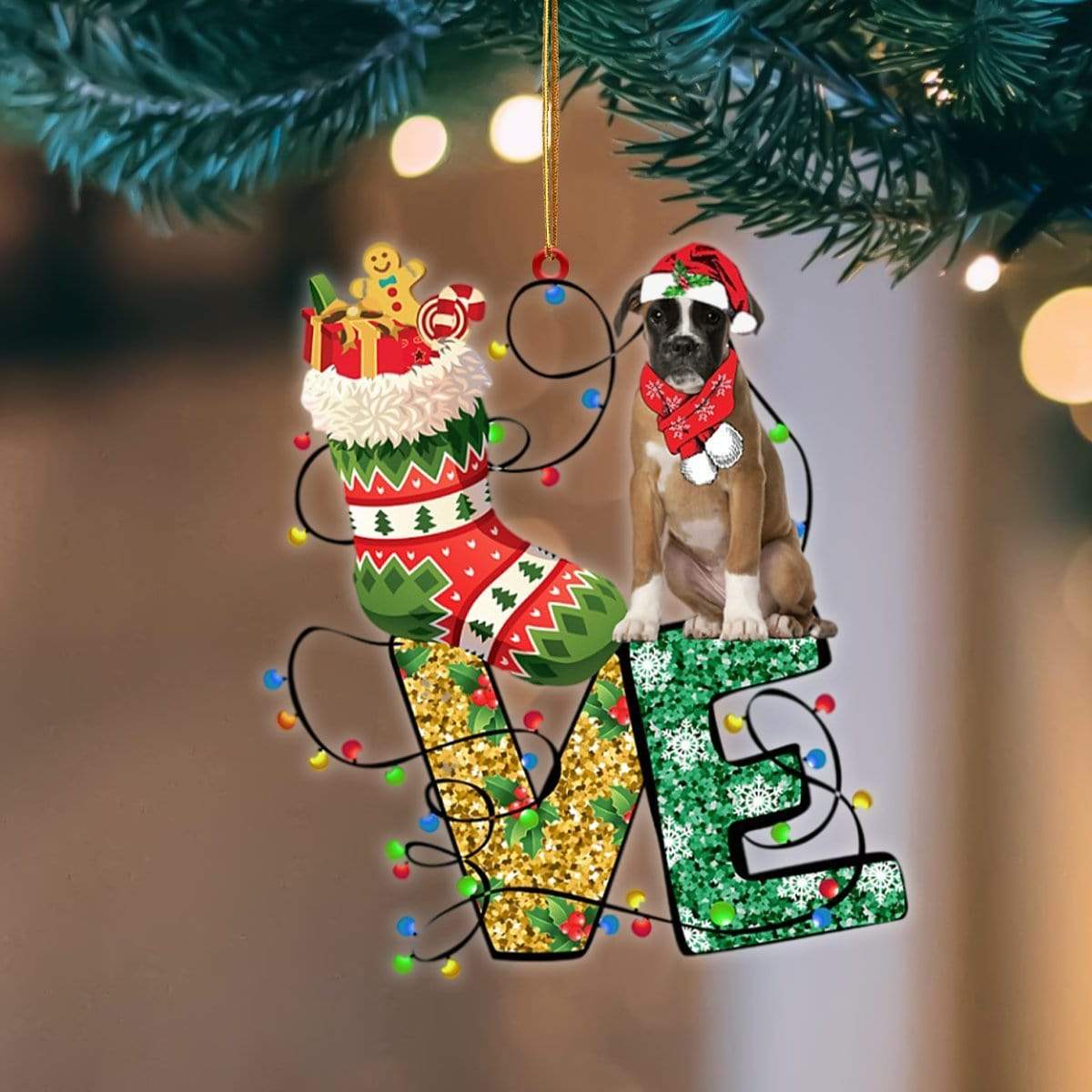 Boxer LOVE Stocking Merry Christmas Hanging Ornament