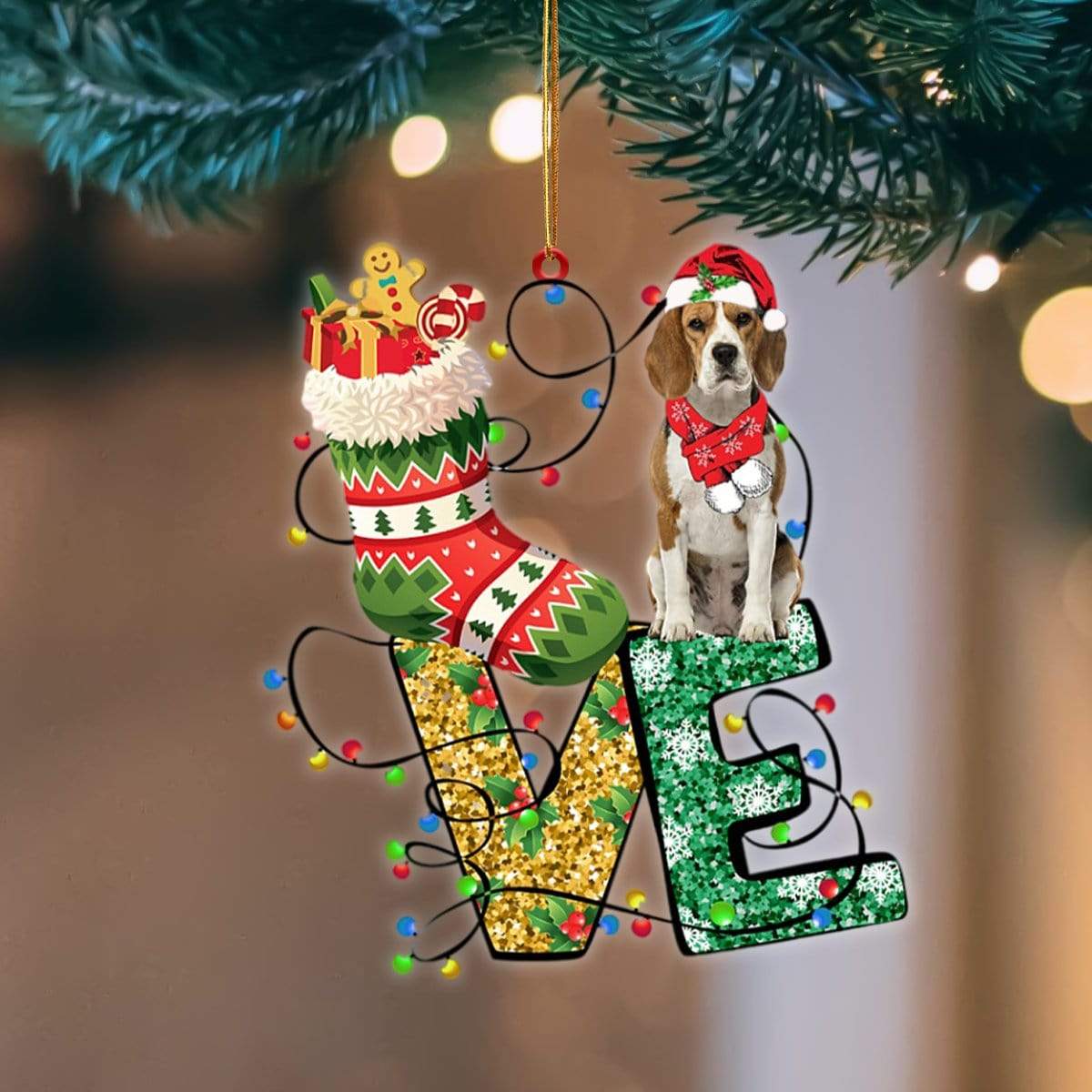 Beagle LOVE Stocking Merry Christmas Hanging Ornament