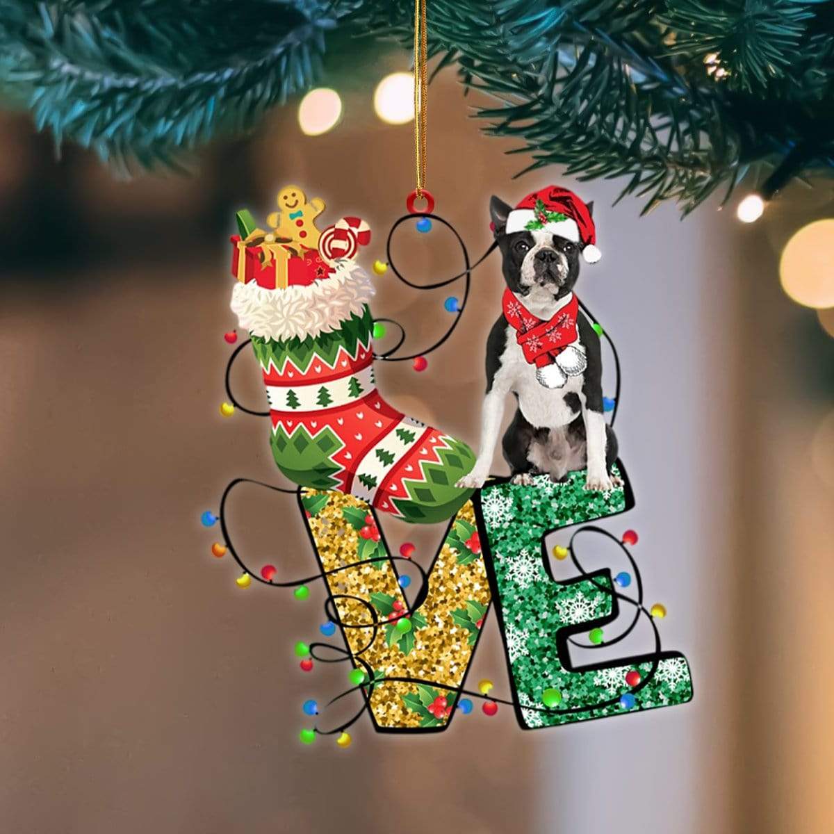 Boston Terrier LOVE Stocking Merry Christmas Hanging Ornament